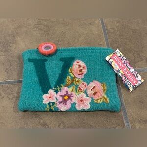 Jenny Krauss Sweet Nothings Accessory Wool Bag Embroidered Flowers Letter V